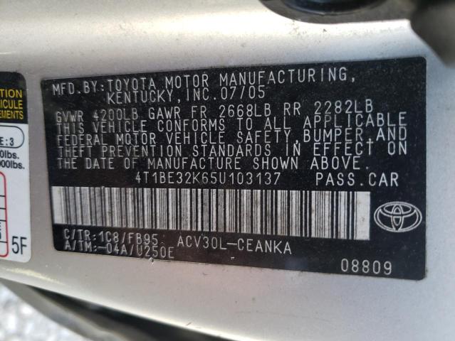 Photo 10 from auction – 2005 TOYOTA CAMRY LE with VIN 4T1BE32K65U103137