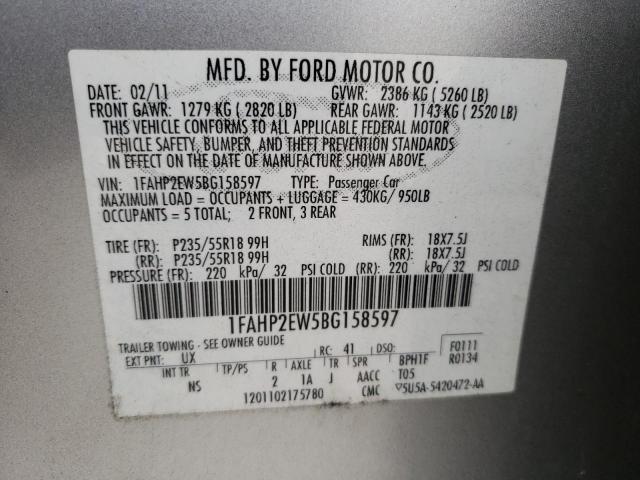 Photo 10 from auction – 2011 FORD TAURUS SEL with VIN 1FAHP2EW5BG158597