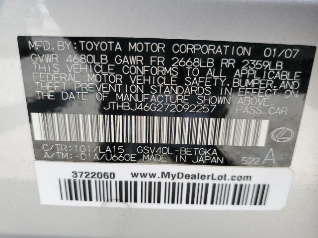 Photo 10 from auction – 2007 LEXUS ES 350 with VIN JTHBJ46G272092257