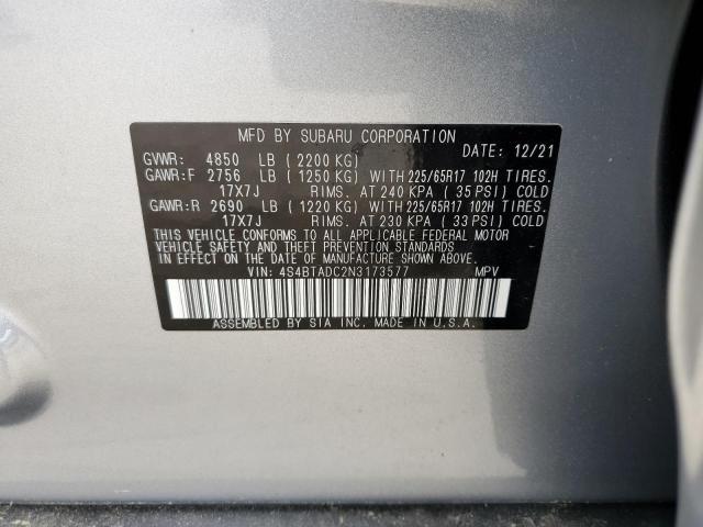 Photo 10 from auction – 2022 SUBARU OUTBACK PR with VIN 4S4BTADC2N3173577