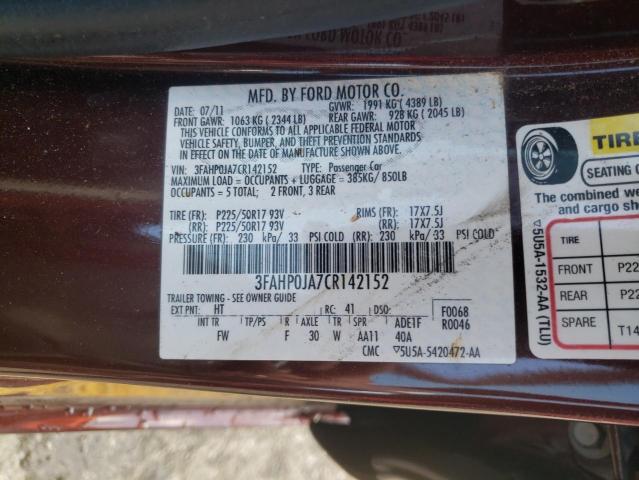 Photo 10 from auction – 2012 FORD FUSION SEL with VIN 3FAHP0JA7CR142152
