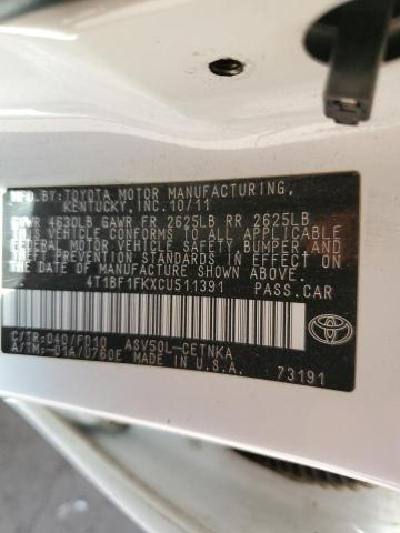 Photo 10 from auction – 2012 TOYOTA CAMRY BASE with VIN 4T1BF1FKXCU511391