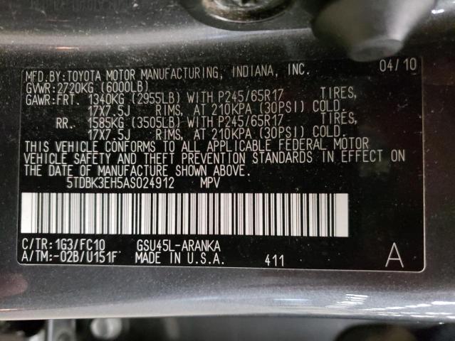 Photo 10 from auction – 2010 TOYOTA HIGHLANDER with VIN 5TDBK3EH5AS024912