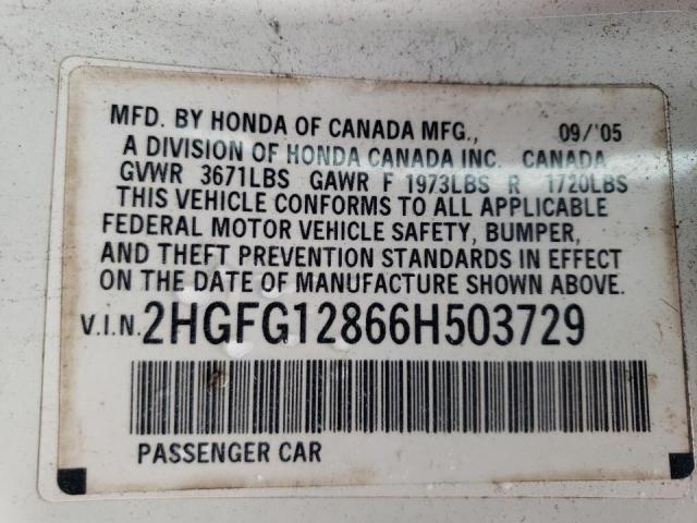 Photo 10 from auction – 2006 HONDA CIVIC with VIN 2HGFG12866H503729