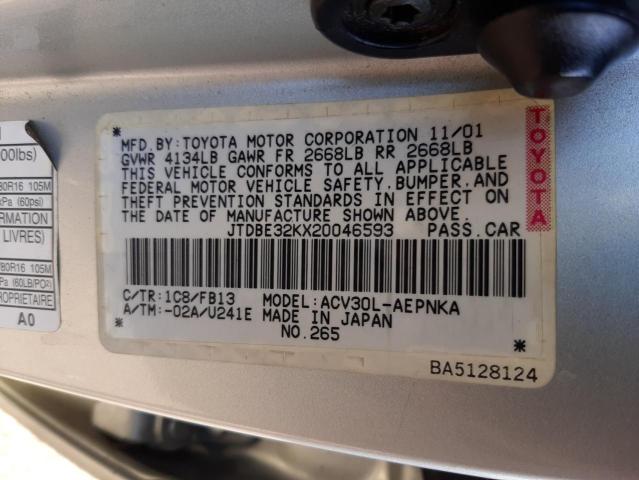 Photo 10 from auction – 2002 TOYOTA CAMRY LE with VIN JTDBE32KX20046593