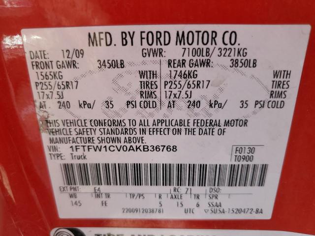 Photo 10 from auction – 2010 FORD F150 SUPER with VIN 1FTFW1CV0AKB36768