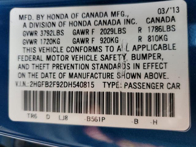 Photo 10 from auction – 2013 HONDA CIVIC EXL with VIN 2HGFB2F92DH540815