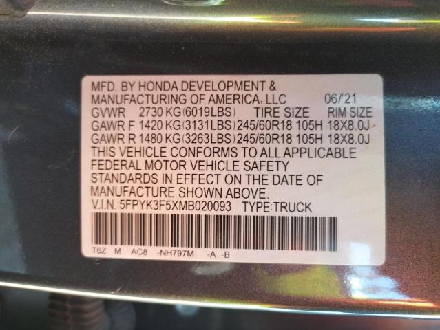 Photo 10 from auction – 2021 HONDA RIDGELINE with VIN 5FPYK3F5XMB020093