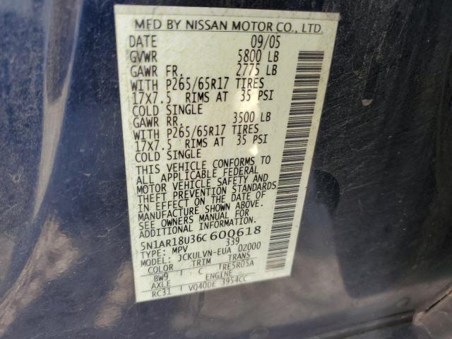 Photo 10 from auction – 2006 NISSAN PATHFINDER with VIN 5N1AR18U36C600618