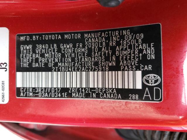 Photo 10 from auction – 2010 TOYOTA COROLLA BA with VIN 2T1BU4EE2AC275918