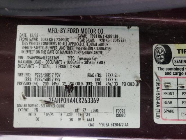 Photo 10 from auction – 2012 FORD FUSION with VIN 3FAHP0HA4CR263369