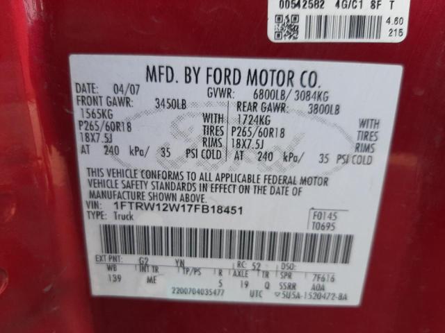 Photo 10 from auction – 2007 FORD F150 SUPER with VIN 1FTRW12W17FB18451