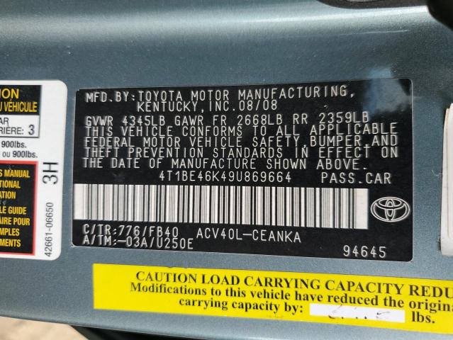 Photo 10 from auction – 2009 TOYOTA CAMRY BASE with VIN 4T1BE46K49U869664