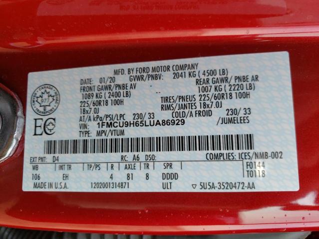 Photo 10 from auction – 2020 FORD ESCAPE SEL with VIN 1FMCU9H65LUA86929