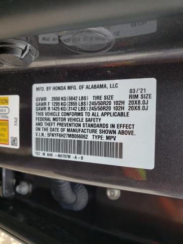 Photo 10 from auction – 2021 HONDA PILOT SE with VIN 5FNYF6H27MB066062