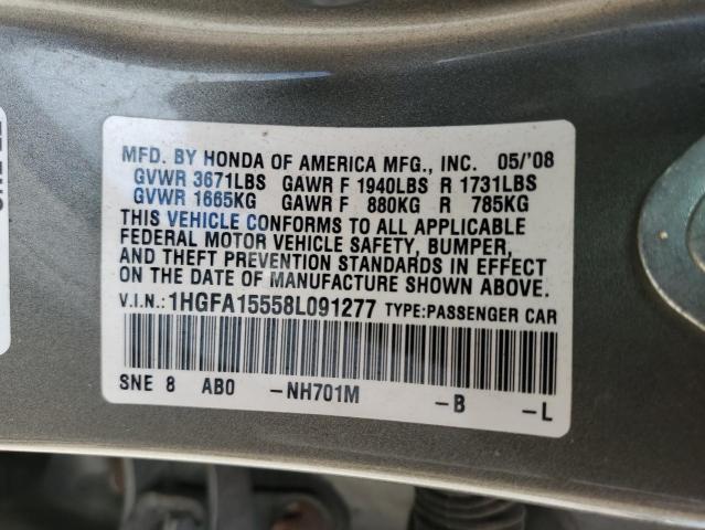 Photo 10 from auction – 2008 HONDA CIVIC LX with VIN 1HGFA15558L091277