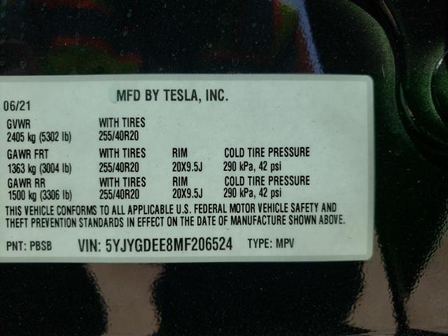 Photo 10 from auction – 2021 TESLA MODEL Y with VIN 5YJYGDEE8MF206524