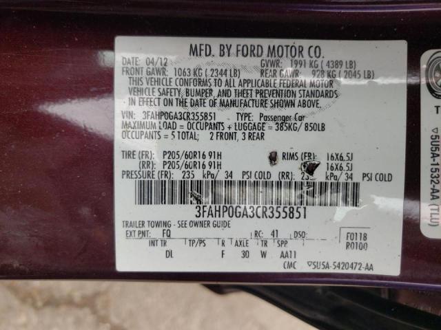 Photo 10 from auction – 2012 FORD FUSION S with VIN 3FAHP0GA3CR355851
