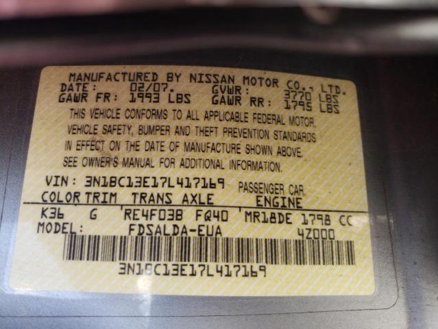 Photo 10 from auction – 2007 NISSAN VERSA S with VIN 3N1BC13E17L417169
