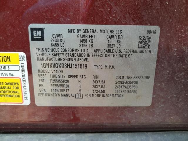 Photo 10 from auction – 2017 CHEVROLET TRAVERSE L with VIN 1GNKVGKD8HJ151619