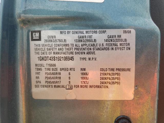 Photo 10 from auction – 2009 GMC ENVOY SLT with VIN 1GKDT43S192106945