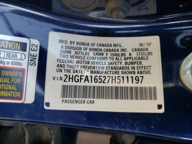 Photo 10 from auction – 2007 HONDA CIVIC LX with VIN 2HGFA16527H511197