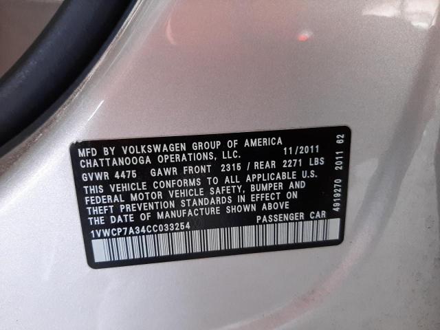 Photo 10 from auction – 2012 VOLKSWAGEN PASSAT SEL with VIN 1VWCP7A34CC033254
