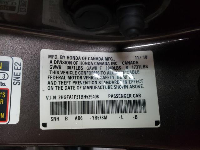 Photo 10 from auction – 2011 HONDA CIVIC LX with VIN 2HGFA1F51BH529408