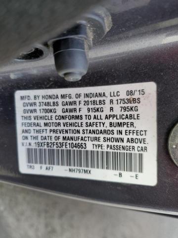 Photo 10 from auction – 2015 HONDA CIVIC LX with VIN 19XFB2F53FE104663