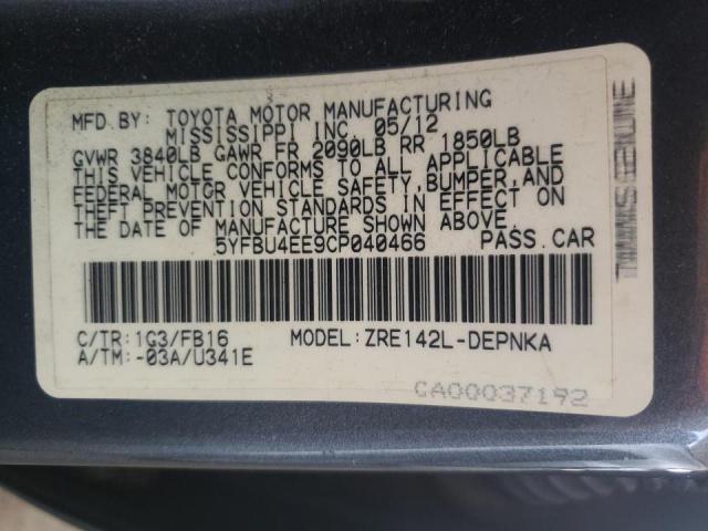 Photo 10 from auction – 2012 TOYOTA COROLLA BA with VIN 5YFBU4EE9CP040466