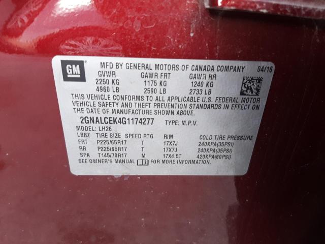 Photo 10 from auction – 2016 CHEVROLET EQUINOX LT with VIN 2GNALCEK4G1174277