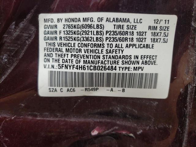 Photo 10 from auction – 2012 HONDA PILOT EXL with VIN 5FNYF4H61CB026484