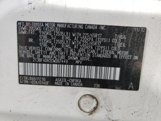 Photo 10 from auction – 2012 TOYOTA RAV4 with VIN 2T3BF4DV2CW267449