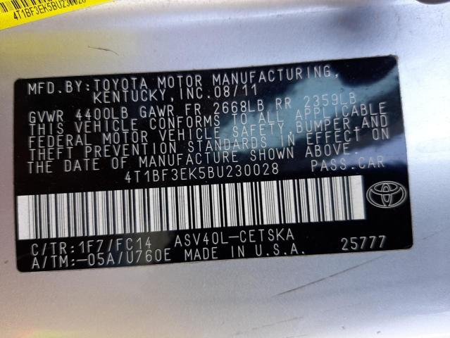 Photo 10 from auction – 2011 TOYOTA CAMRY BASE with VIN 4T1BF3EK5BU230028