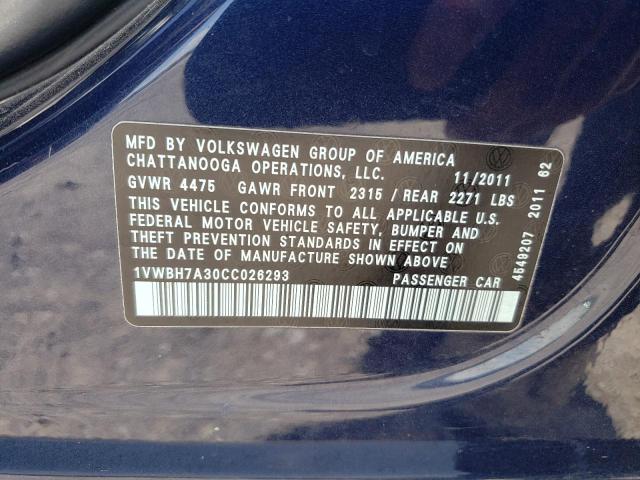 Photo 10 from auction – 2012 VOLKSWAGEN PASSAT SE with VIN 1VWBH7A30CC026293