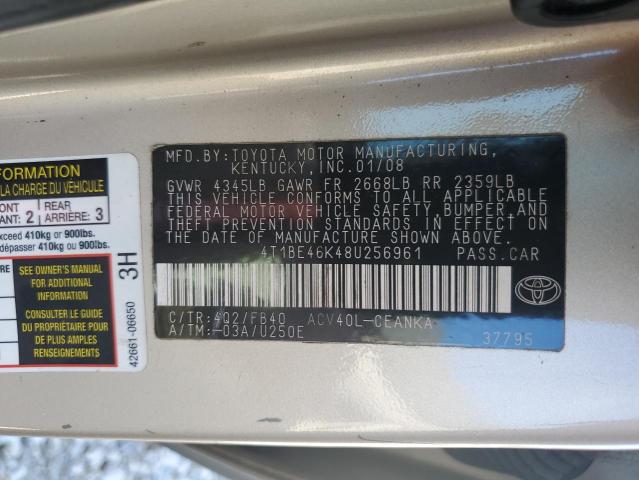 Photo 10 from auction – 2008 TOYOTA CAMRY CE with VIN 4T1BE46K48U256961