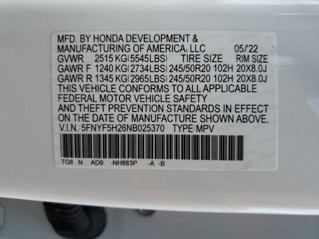 Photo 10 from auction – 2022 HONDA PILOT SE with VIN 5FNYF5H26NB025370