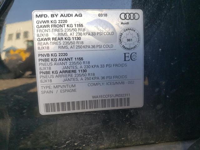 Photo 10 from auction – 2018 AUDI Q3 PREMIUM with VIN WA1ECCFS1JR032311