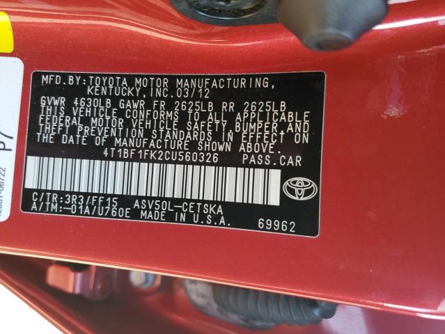 Photo 10 from auction – 2012 TOYOTA CAMARY with VIN 4T1BF1FK2CU560326