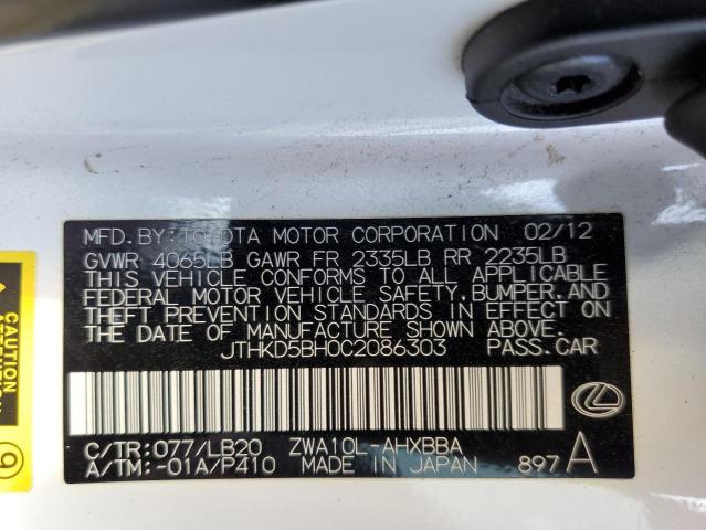 Photo 10 from auction – 2012 LEXUS CT 200 with VIN JTHKD5BH0C2086303