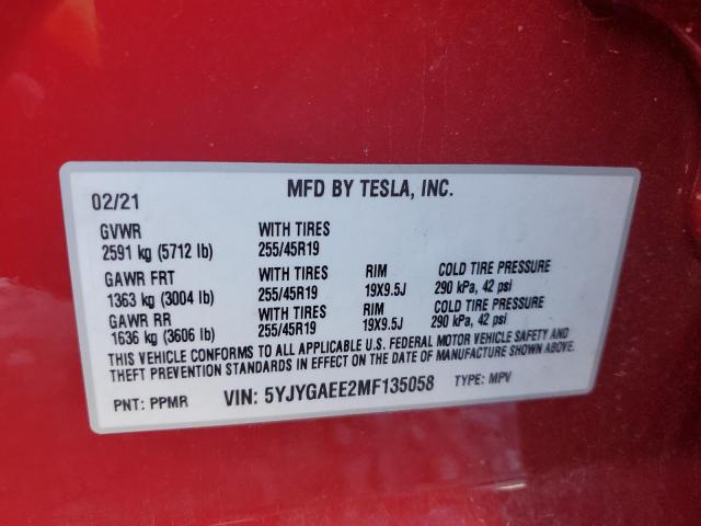 Photo 10 from auction – 2021 TESLA MODEL Y with VIN 5YJYGAEE2MF135058