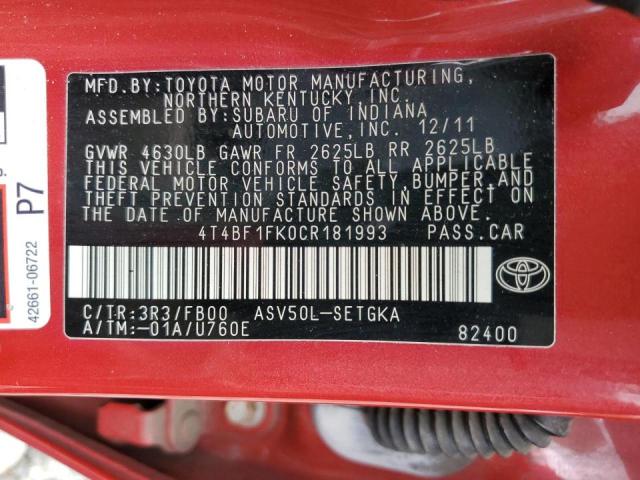 Photo 10 from auction – 2012 TOYOTA CAMRY BASE with VIN 4T4BF1FK0CR181993