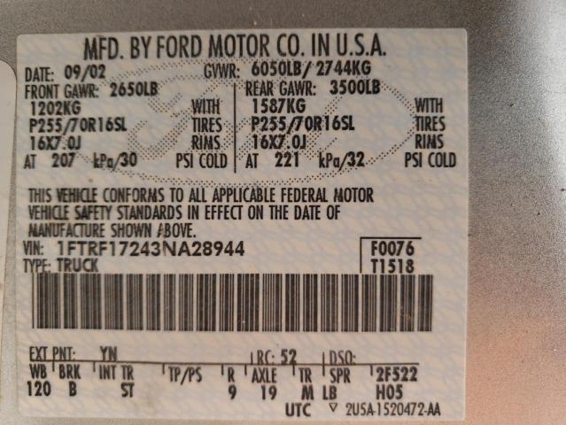 Photo 10 from auction – 2003 FORD F150 with VIN 1FTRF17243NA28944