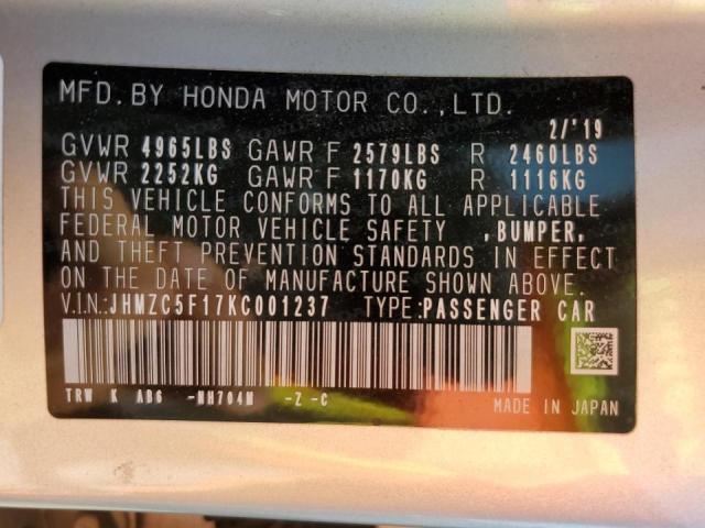 Photo 10 from auction – 2019 HONDA CLARITY with VIN JHMZC5F17KC001237