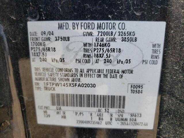 Photo 10 from auction – 2005 FORD F150 SUPER with VIN 1FTPW145X5FA02030