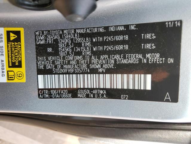 Photo 10 from auction – 2015 TOYOTA HIGHLANDER with VIN 5TDZKRFH9FS057774