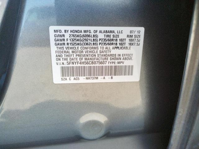 Photo 10 from auction – 2012 HONDA PILOT EXL with VIN 5FNYF4H56CB075607