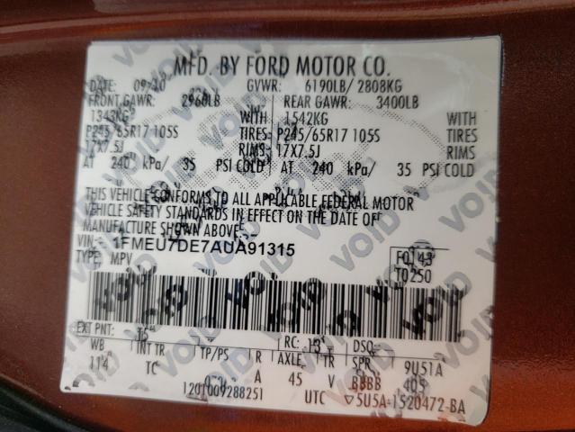 Photo 10 from auction – 2010 FORD EXPLORER X with VIN 1FMEU7DE7AUA91315