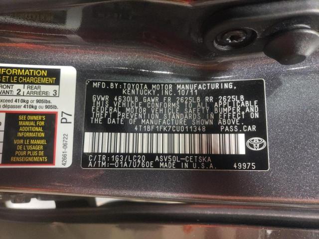 Photo 10 from auction – 2012 TOYOTA CAMRY BASE with VIN 4T1BF1FK7CU011348