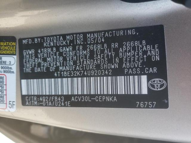 Photo 10 from auction – 2004 TOYOTA CAMRY LE with VIN 4T1BE32K74U920342